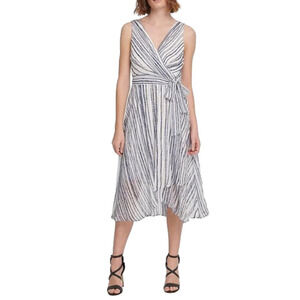 Dkny Surplice V-Neck Sleeveless Striped Chiffon Faux Wrap Midi Dress Size 10